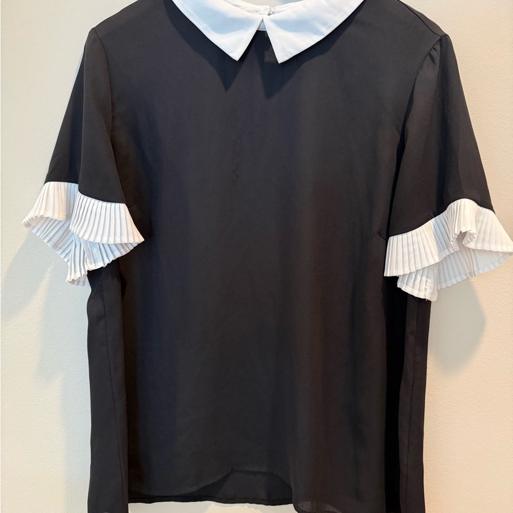 CeCe Black Blouse with White Peter Pan Collar and Pleated Sleeve Ruffles